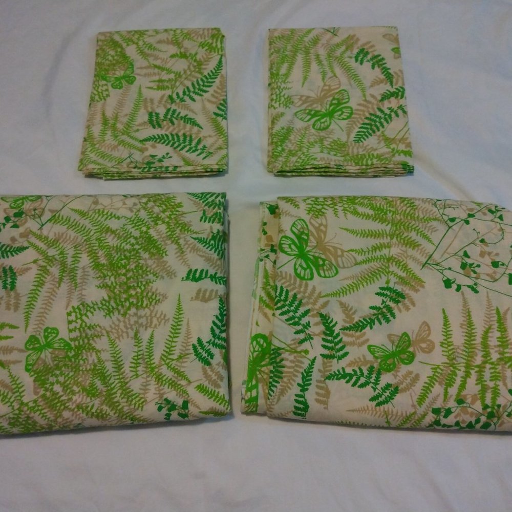 Vintage Burlington Caress Queen Size Sheet Set Butterflies, Ferns Forest USA NOS
